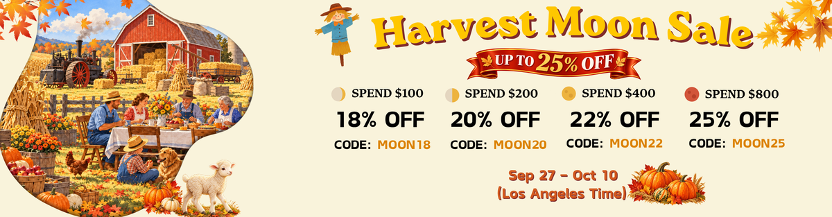 Harvest Moon Sale at DeskCosmos, up to 25% off journaling stickers and stationery from Sep 27 to Oct 10, with an autumn farm family harvest feast scene