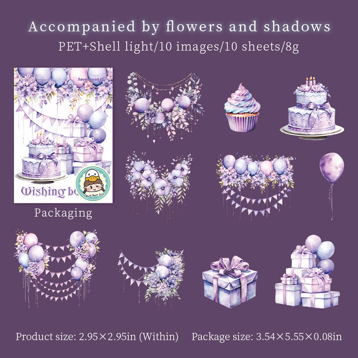High-Quality Birthday Cake Gift Balloon PET Stickers for Planner Accompanied by flowers and shadows