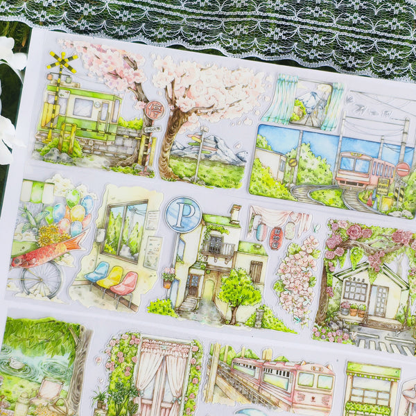 Relaxing Japanese Spring Town Die-cut PET Tape