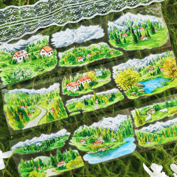 Mountain Village Countryside Scenic Die-cut PET Tape