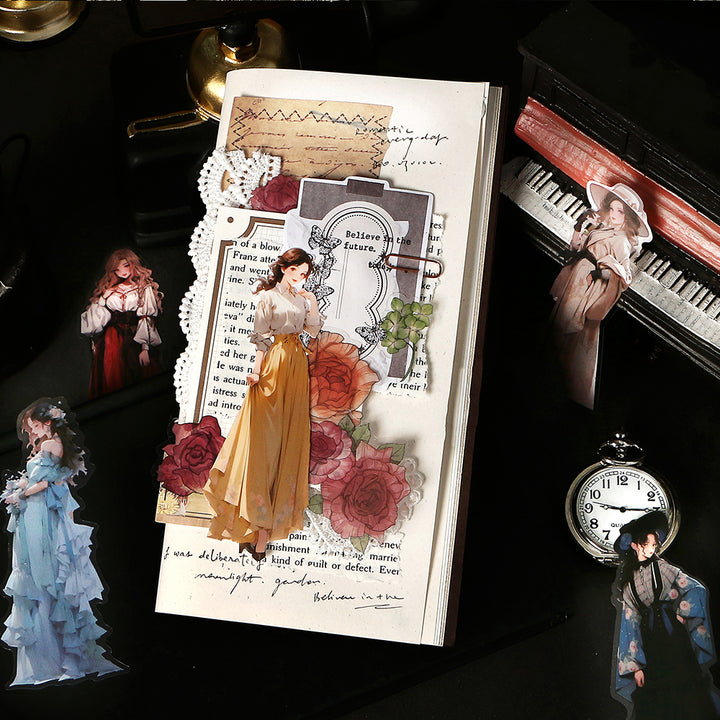 Image of handmade journal stickers from Romance Series with a casually - dressed lady