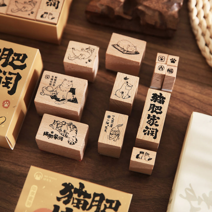 Japanese Chubby Cat Stamp Set 12 Pcs for Journal Decoration DIY Stamps with Cute Cat Designs
