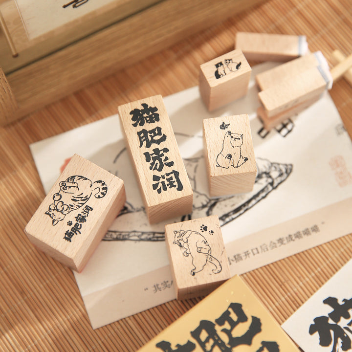Japanese Chubby Cat Stamp Set 12 Pcs with Cat and Text Designs for Student Stationery