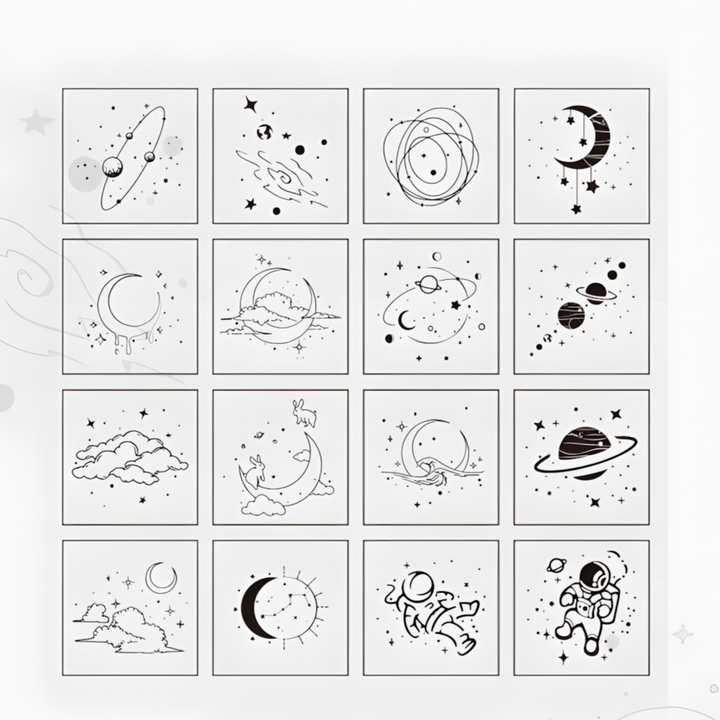 Moon Landing Wooden Stamp Set with Sky and Universe Designs