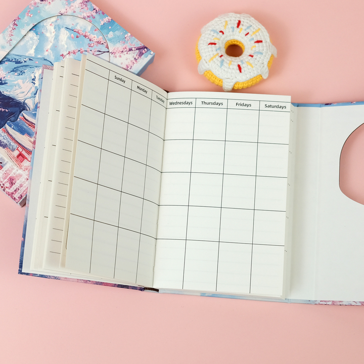 Mt Fuji Series Trifold Planner with Hollow Magnetic Closure, detailed view of travel journal design
