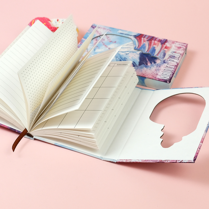 Mt Fuji Series Trifold Planner with Hollow Magnetic Closure in artistic Japanese style, close-up image