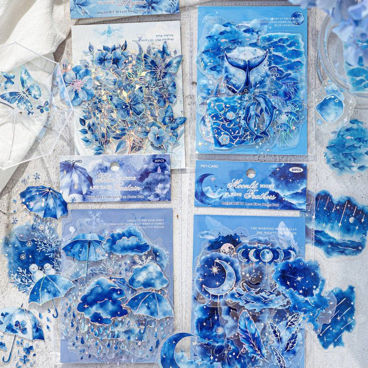 Blue Mood Stickers – Cloud, Flower, Moon - Desk Cosmos