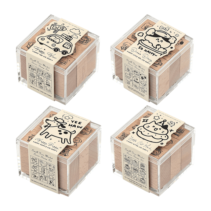 Packaging of Wooden Cartoon Stamps Small Town Market Set with Cute Dog and Cat Designs for DIY