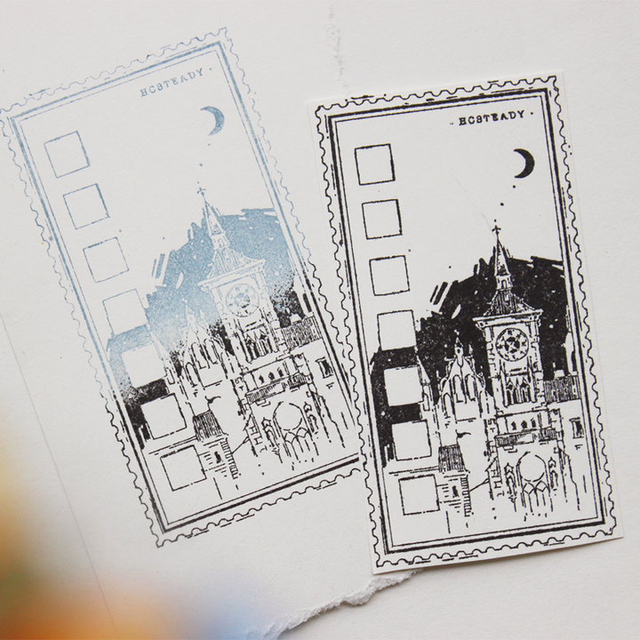 Pumpkin Carriage Series Moonlight Castle wooden stamp with a spooky retro aesthetic