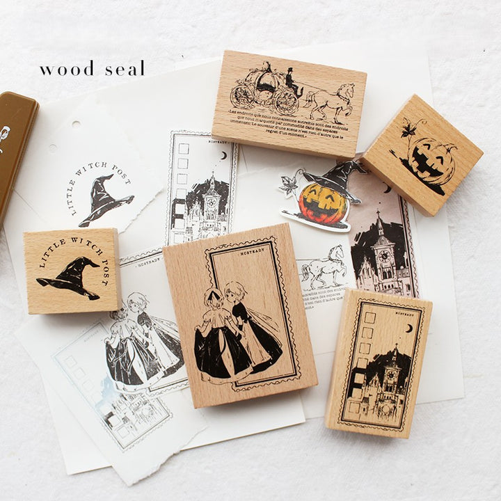 Pumpkin Carriage Series Wooden Stamps Halloween Retro Magic