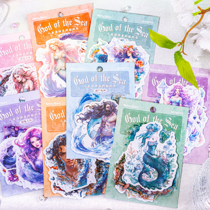 Retro Cartoon Sea God Mermaid Stickers Pack for Scrapbooking