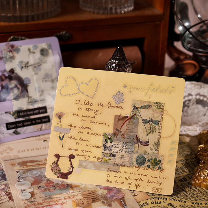 Retro Stickers PVC Vintage Series with Text and Flowers for Journal