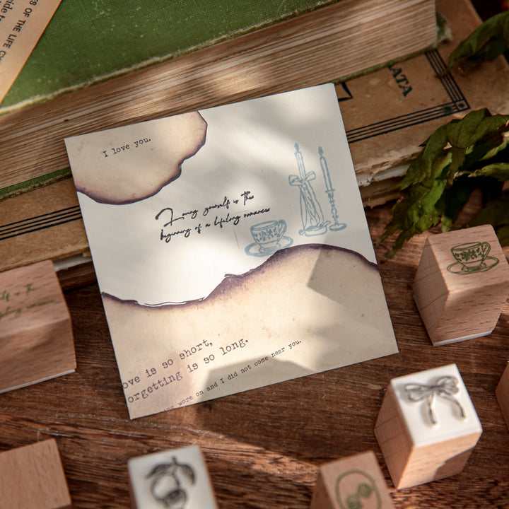 Retro Tea Party 12 Pieces Wooden Stamp Set for DIY Crafts