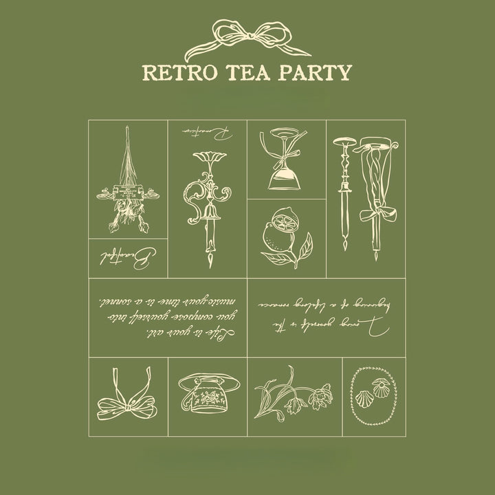 Retro Tea Party Wooden Stamp Set 12 Pieces