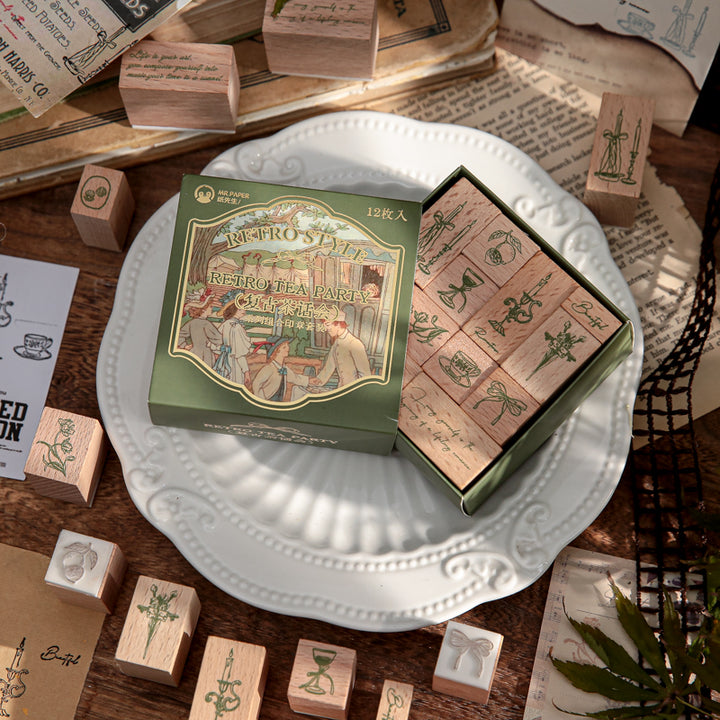 Retro Tea Party Wooden Stamp Set 12 Pieces for Journals