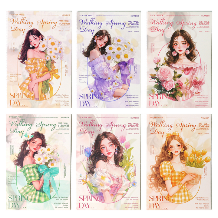 Romantic Girl Stickers Walking with Spring White Background