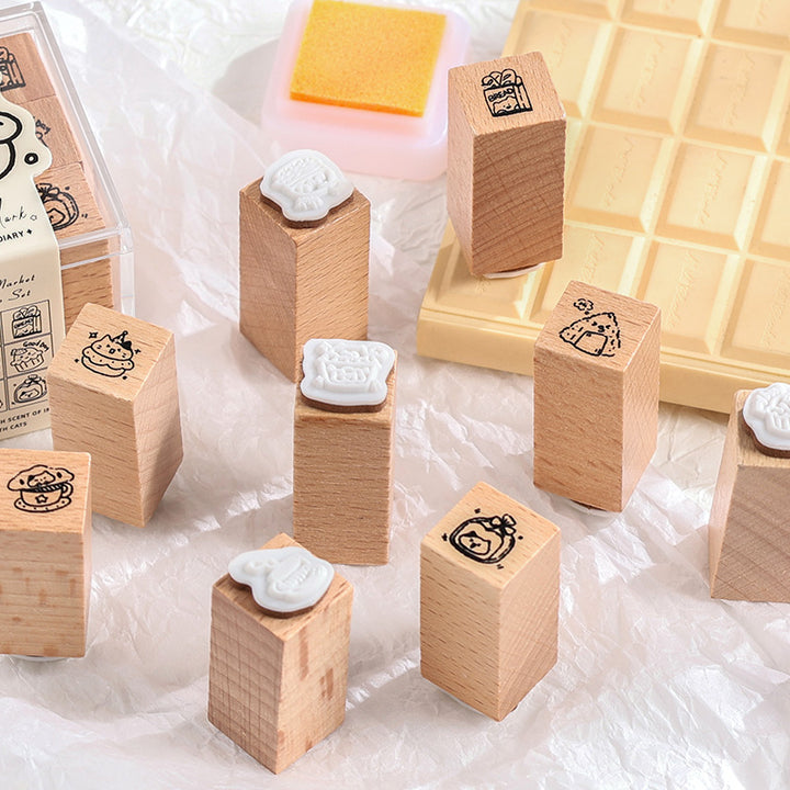 Small Town Market Wooden Cartoon Stamps with Rubber Stamp Surface and Clear Carving for Journal