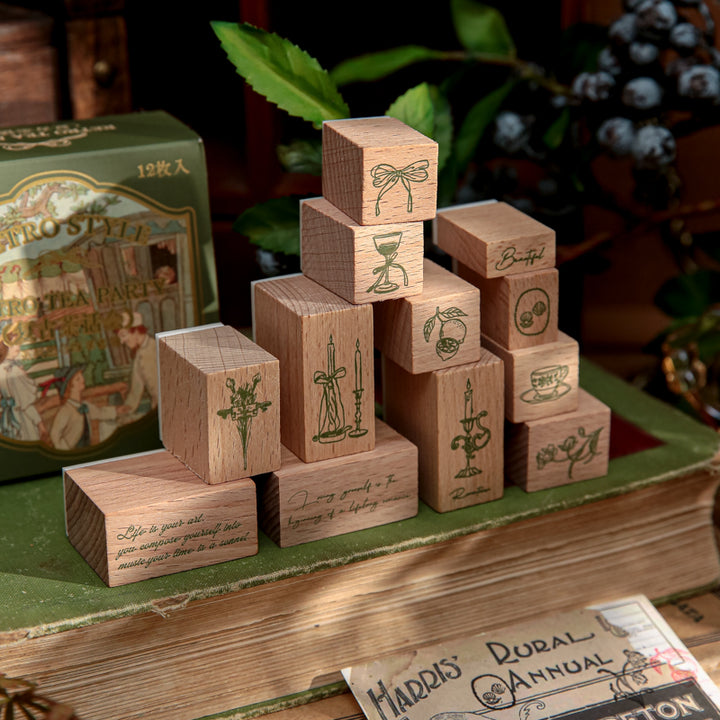 Tea Party Wooden Stamp Set 12 Pieces for Creative Journaling