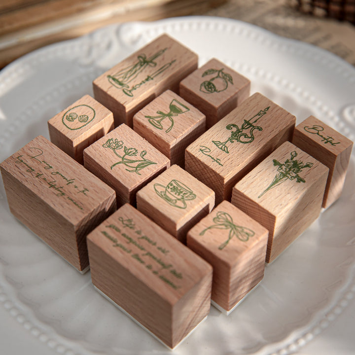 Tea Party Wooden Stamps Set 12 Pieces for Vintage Journal Decoration