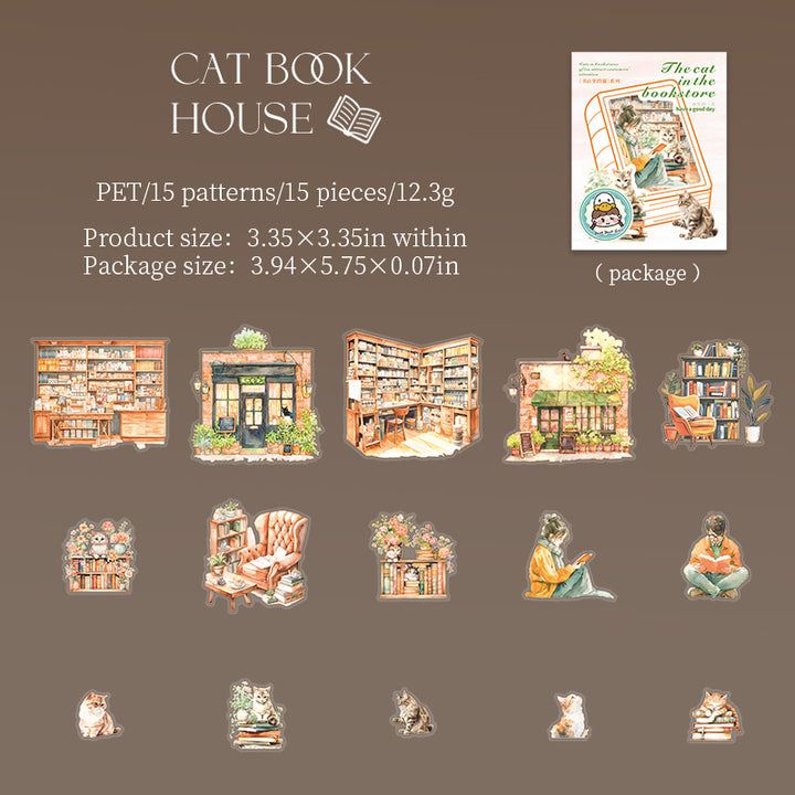 The Cat in the Bookstore Cat Bookhouse PET Stickers Vintage Cozy Atmosphere