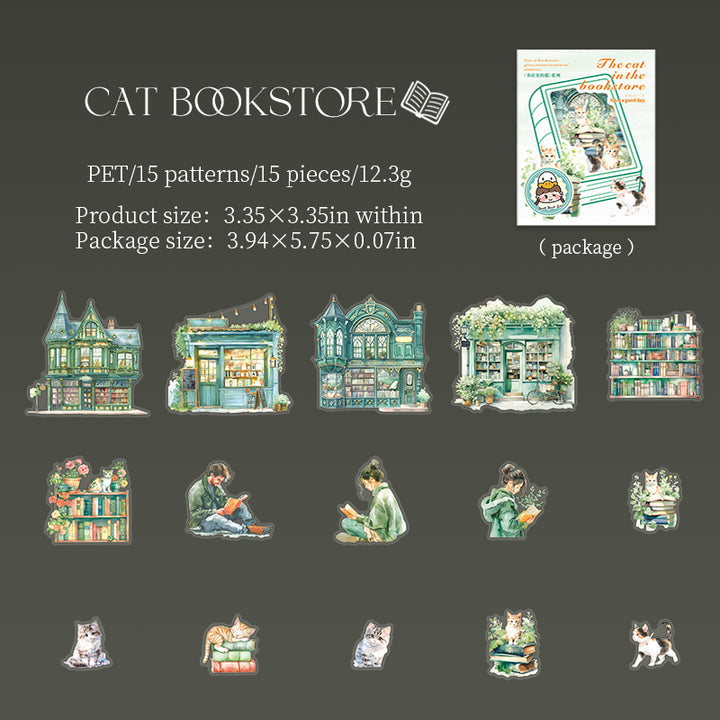 The Cat in the Bookstore Cat Bookstore PET Stickers Vintage Reading Theme