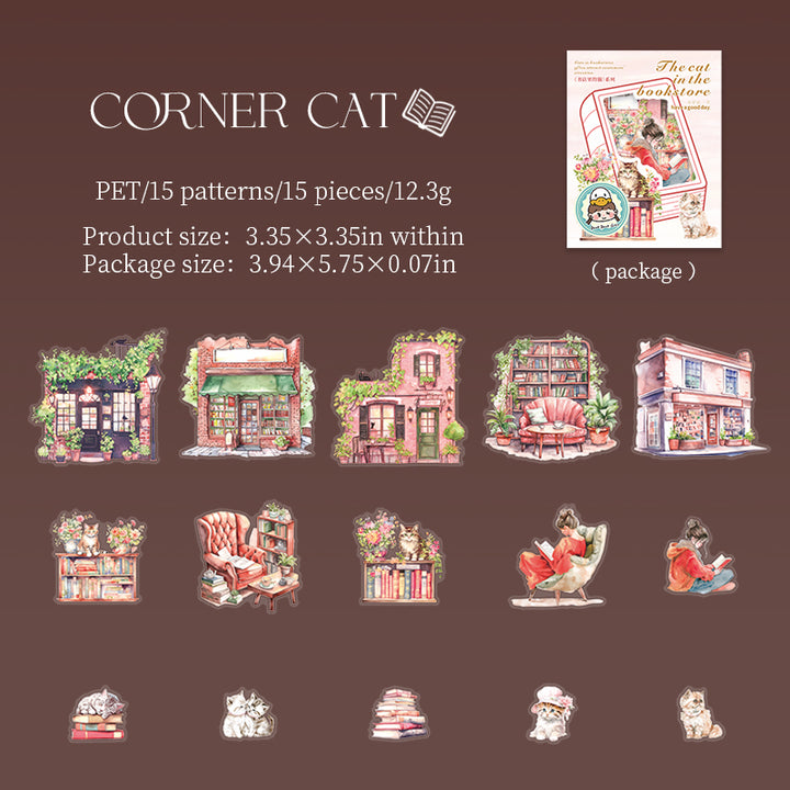 The Cat in the Bookstore Corner Cat PET Stickers Cozy Bookstore Style