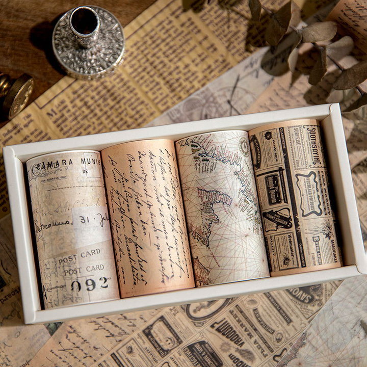 Vintage English Text Letter Map Basic Washi Tape Includes 4 Rolls of Tape