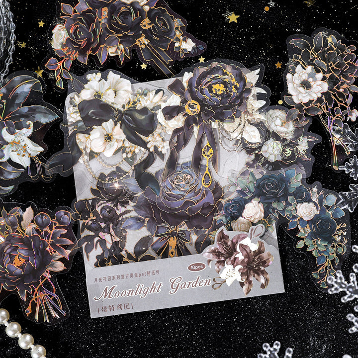 Vintage Floral PET Stickers Moonlight Garden Elegant Botanical Design
