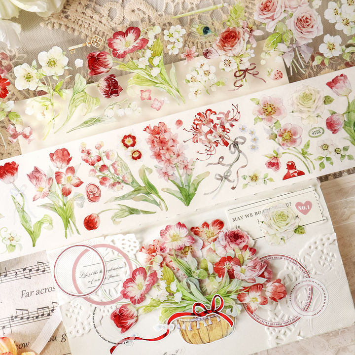 Vintage Red Flower Romantic PET Tape Scrapbook Supplies