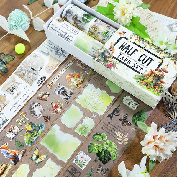 Vintage Tape Set Green Wonderland Characters Retro Fashion Theme