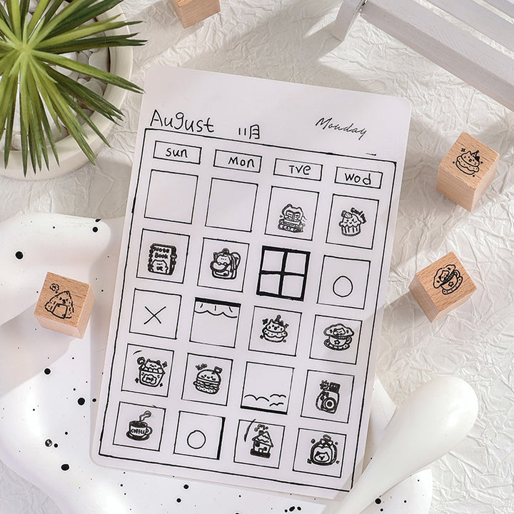 Wooden Cartoon Stamps Small Town Market Set for DIY Journal Crafting with Dog, Cat, and House Designs