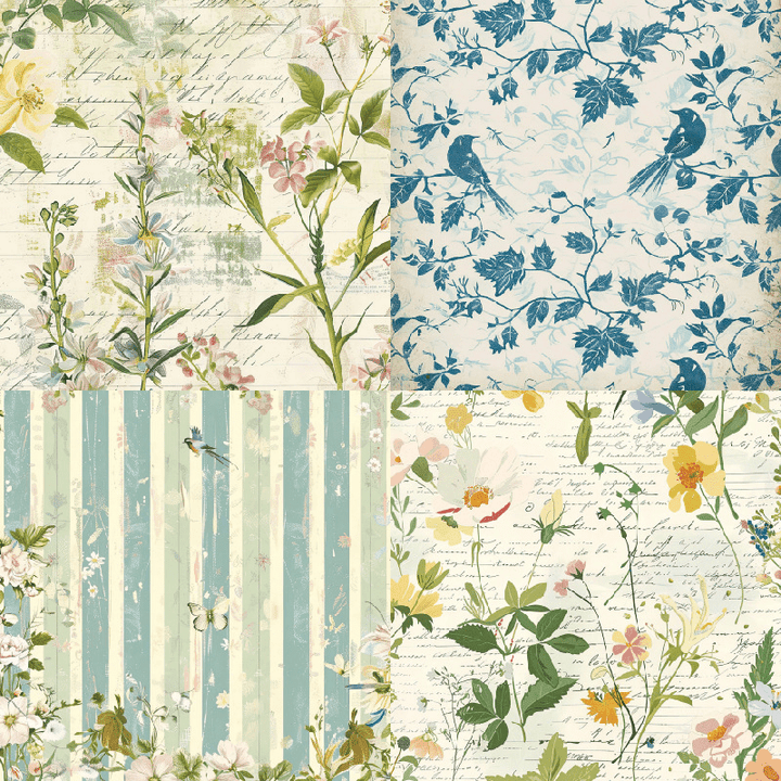 Botany Series Scrapbook Paper Retro Collage Style Flower Design
