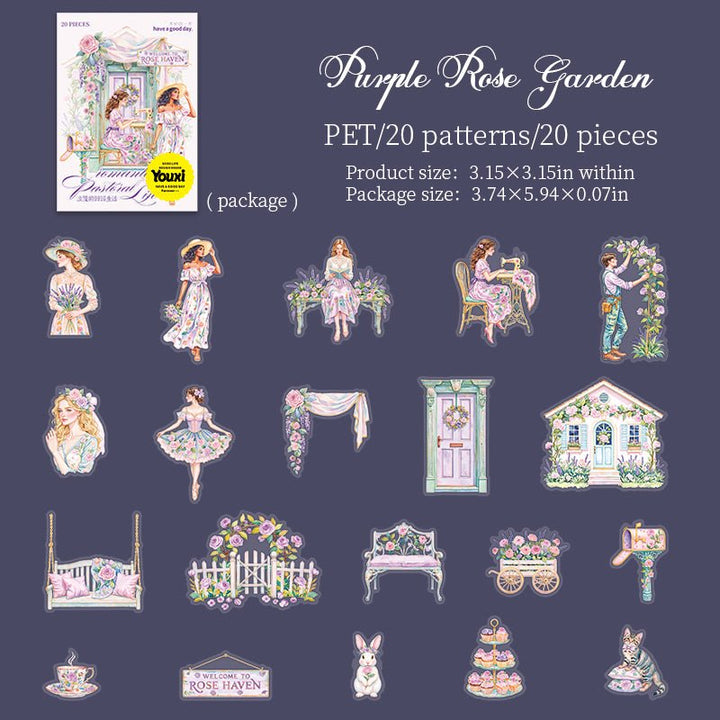 Romantic Rural Life Purple Rose Garden PET Stickers Floral Scene