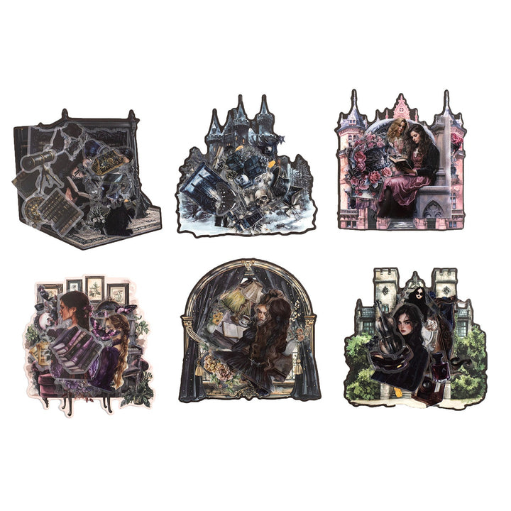 Retro Stickers Black world Girl Gothic Style White Background