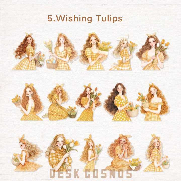 Walking with Spring Wishing Tulips Girl Character Stickers