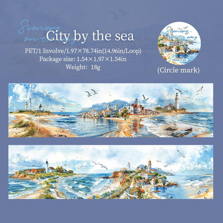 Scenery along the way City by the sea Ocean Watercolor