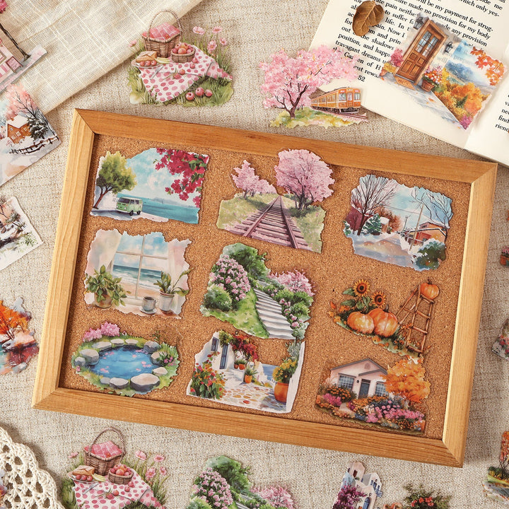 Four Seasons String Song PET Stickers Travel Scene Ideal for Journal Lovers