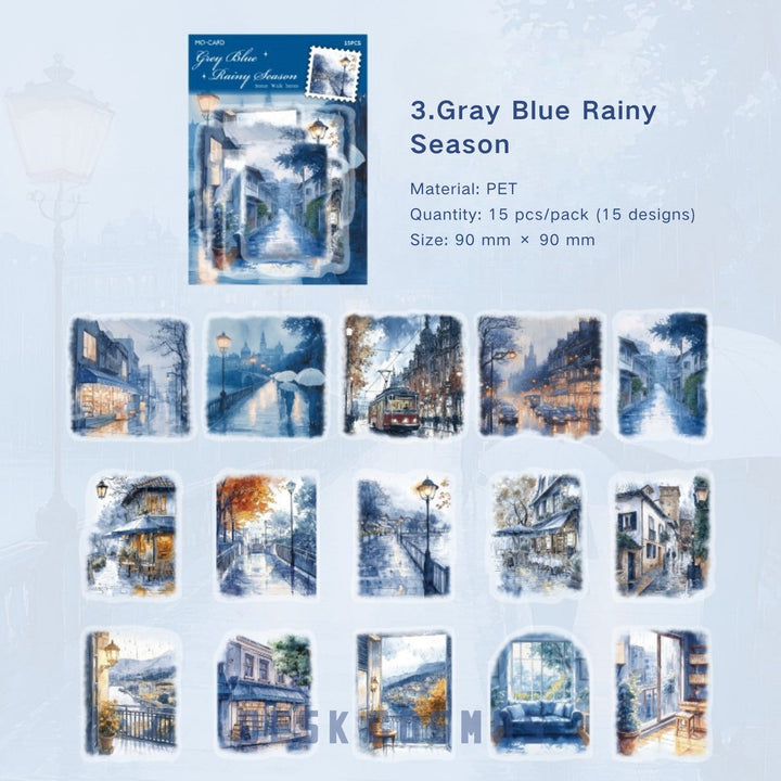 Street Walk Series Gray Blue Rainy Season PET Sticker soft vibe