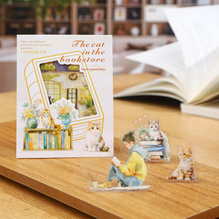 The Cat in the Bookstore PET Stickers Cozy Reading Scene