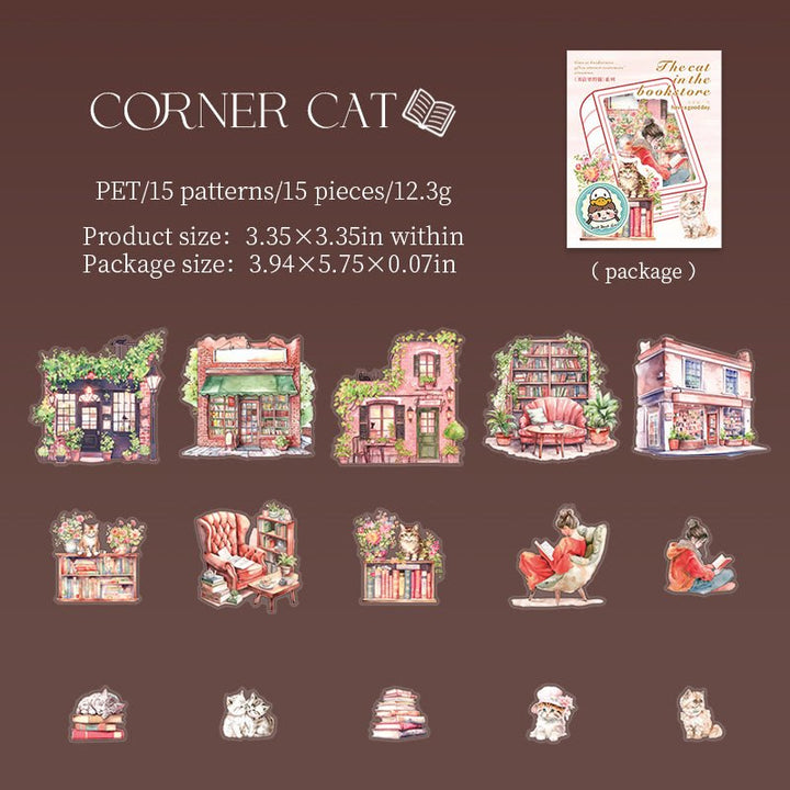 The Cat in the Bookstore Corner Cat PET Stickers Cozy Bookstore Style