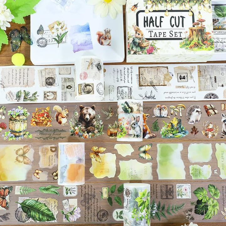 Vintage Tape Set Green Wonderland Characters Cute Style Collage